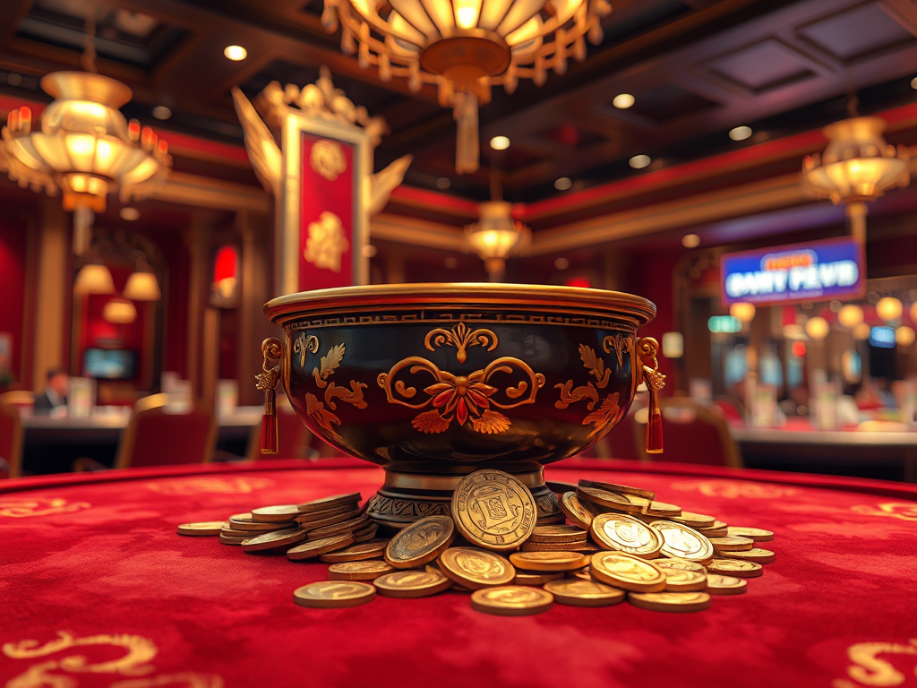 Giao Diện Trò Chơi Xóc Đĩa Sunwin Với Bát Đĩa Sứ Và Các Đồng Xu Trên Nền Vải Nhung Đỏ Sang Trọng Trong Sòng Bài. Giao diện trò chơi Xóc Đĩa Sunwin với bát đĩa sứ và các đồng xu trên nền vải nhung đỏ sang trọng trong sòng bài.