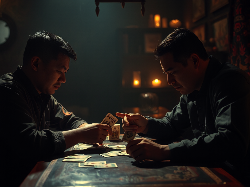 Hai người chơi đang tập trung cao độ vào ván bài Phỏm Sunwin, biểu cảm căng thẳng, ánh sáng tối, gợi không khí bí ẩn.