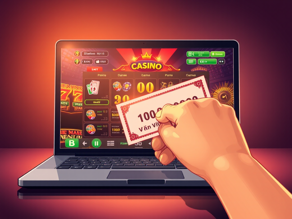 Minh Họa Cách **Nhận Code Sunwin Tân Thủ Mới Nhất 2026**: Tay Cầm Tiền 100.000 Vnd Hướng Vào Màn Hình Laptop Chơi Game Casino. Minh họa cách **nhận code Sunwin tân thủ mới nhất 2026**: Tay cầm tiền 100.000 VND hướng vào màn hình laptop chơi game casino.