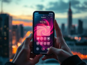 Minh họa phương thức nạp tiền Sunwin qua ví điện tử 2026: Tay cầm điện thoại với giao diện ví điện tử sáng, năng lượng số, phông nền thành phố lúc hoàng hôn.