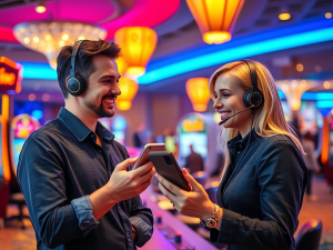 Nhân viên hỗ trợ khách hàng Sunwin đang giúp đỡ người chơi trên điện thoại di động, thể hiện sự tận tâm và chuyên nghiệp của hệ thống hỗ trợ.