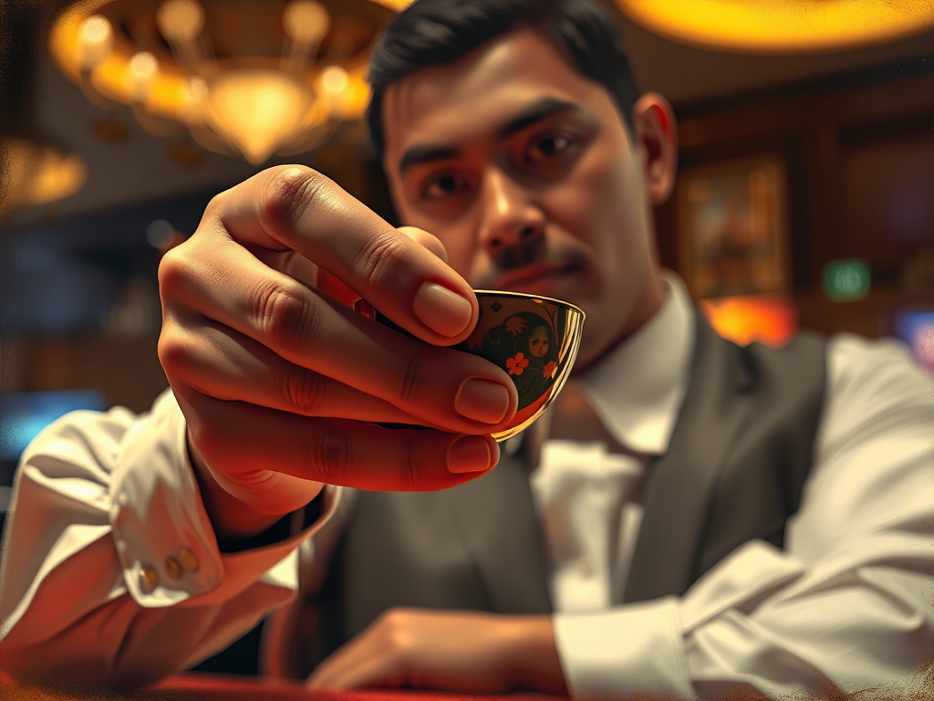 Tay Của Người Chia Bài Xóc Đĩa Sunwin Đang Xóc Đĩa Điêu Luyện, Ánh Sáng Sòng Bạc Mờ Ảo, Hình Ảnh Minh Họa Mẹo Chơi. Tay của người chia bài Xóc Đĩa Sunwin đang xóc đĩa điêu luyện, ánh sáng sòng bạc mờ ảo, hình ảnh minh họa mẹo chơi.